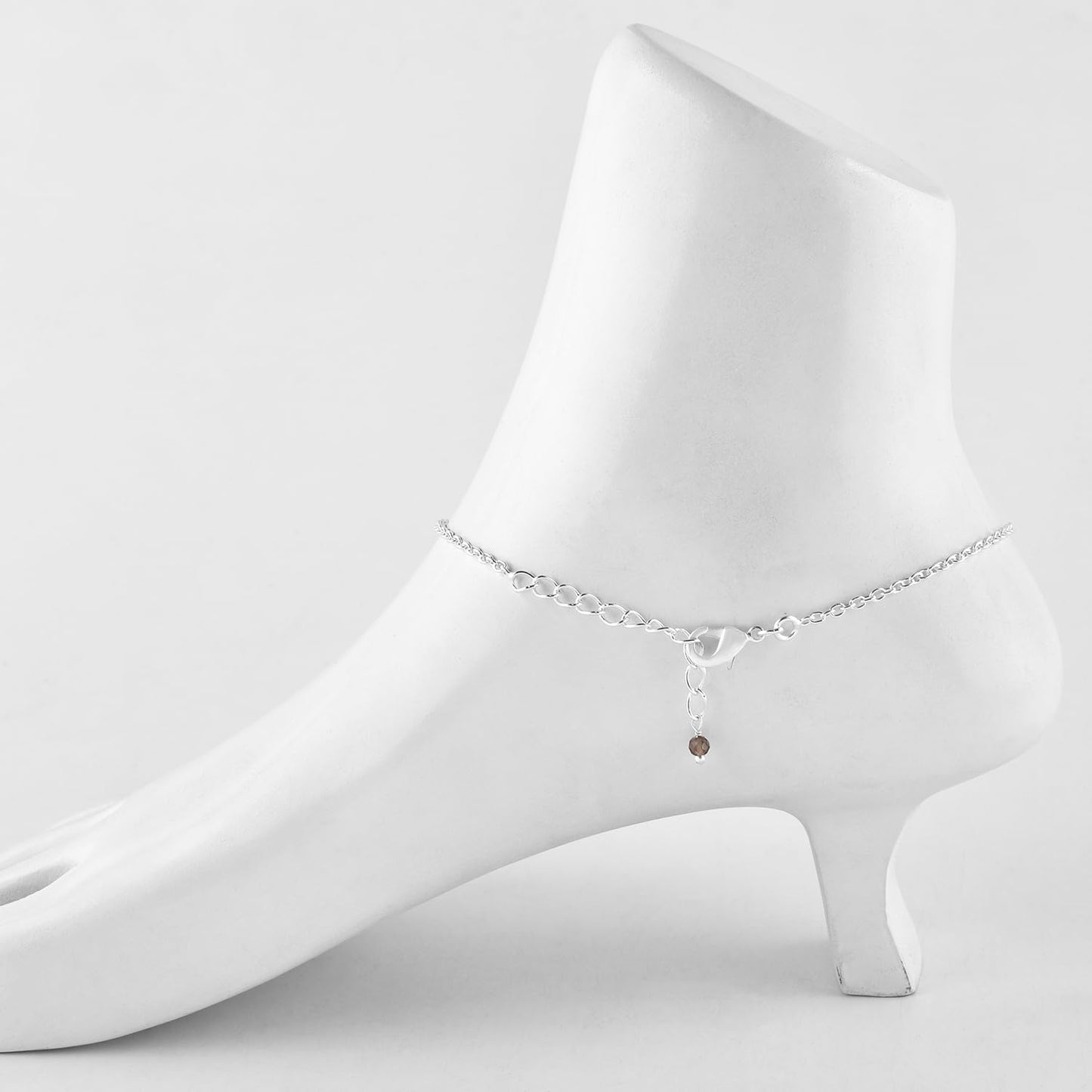 YANARA Smoky Quartz Ankle Bracelets for Women, 3mm Beads Beaded Beach Charm Jewelry, Dainty Anklets For Women 9"+1.25" inch Link Silver Plated Adjustable Chain