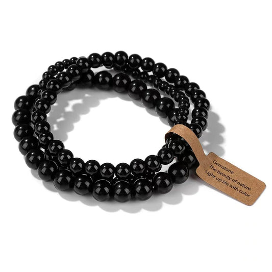 CINSKYING 3Pcs Healing Crystal Black Onyx Bracelets for Women Men 8mm 6mm 4mm Natural Stone Beaded Stretch Bracelet Jewelry Gifts (T2-Black Onyx)