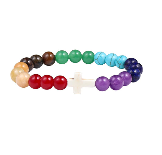 Pingyongchang Christian Gifts for Women Men Cross Healing Crystal Bracelet Faith Easter Catholic Religious Bracelet Natural Stone Stretch Bracelets Stress Relief Anxiety Yoga Bracelet (Seven Chakra)