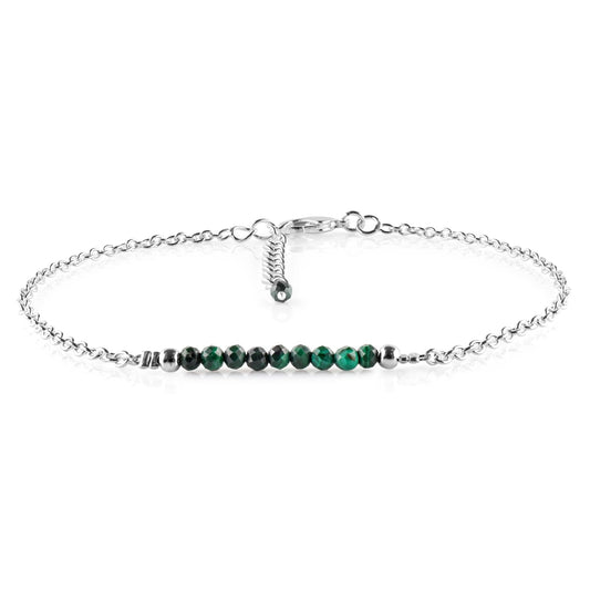YANARA Malachite Ankle Bracelet for Women Jewelry, Natural Birthstone, Gemstone Beads, Handmade Dainty Anklet 9"+1.25" inch, 3mm Rounds, Chakra Energy Crystals, Silver Plated Chain
