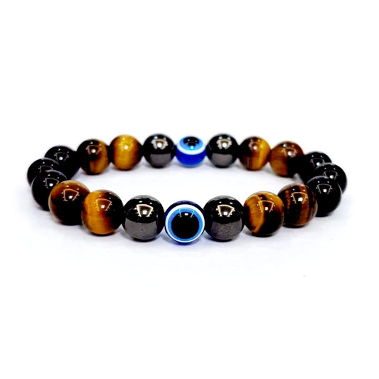 WEFRIN Evil Eye with Hematite Black Obsidian Tiger Eye Stone Triple Protection Bracelets for Men Women, Crystal Stone Bracelet Bring Luck Prosperity and Happiness Jewelry
