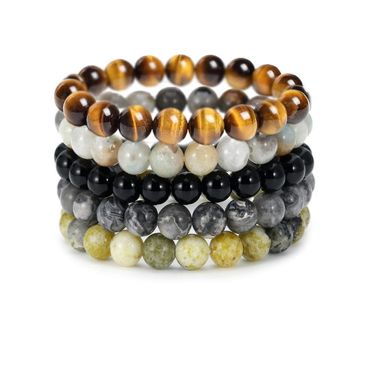 BOMAIL 5PCS Semi-Precious Gemstone Bracelet - Healing Crystal Stone Beaded Bracelets for Women Men 8mm Round Beaded Stretch Bracelets Unisex Yoga Bracelets