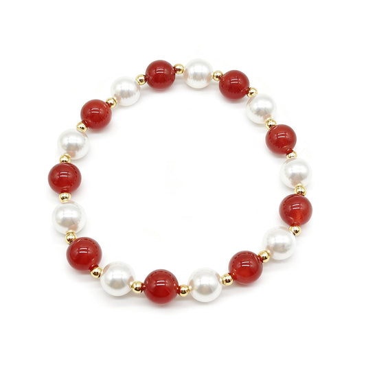 LANFUNI Christmas Bracelet, Shell Pearl Red Agate Elastic Rope Bracelet for Women Sparkly Red and White bracelet Chriatmas Jewelry