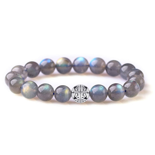 MetJakt Healing Crystals Beaded Bracelets for Womens Natural Gemstone 8mm Beads Stretch Bracelets with 925 Sterling Silver Double Happiness Pendant (Labradorite AAA)