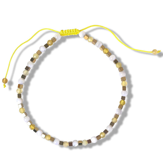 BEADSENER Yellow Opal Adjustable Charming Bracelet for Women, 3mm Natural Shell Gemstone Hematite Stone Beads, Pull String Slider Metal Free Design Waterproof, Gift for Her Daily Wear