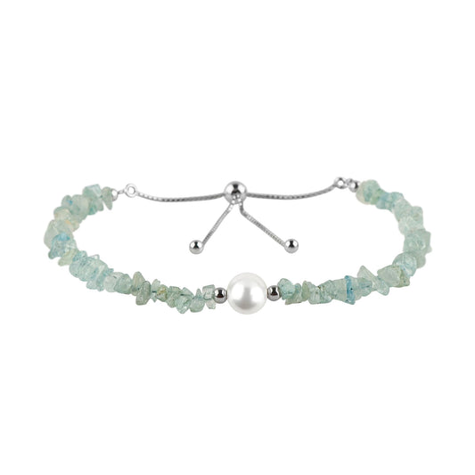 CRYSTALIS Natural Aquamarine Beads Slider Bolo Bracelet with Elegant Pearl, Uncut Chips Nuggets Crystals, Chakra Healing Gemstone, Women Jewelry, 925 Sterling Silver Slider 10 inch