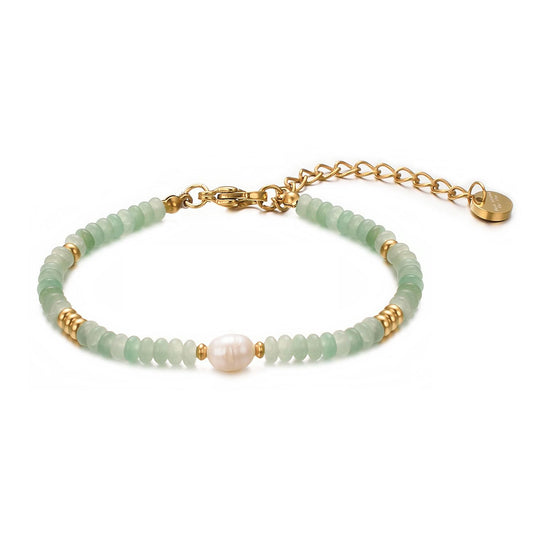 vissen Green Natural Stone Bracelet for Women with White Pearl Gold Plated Beaded Adjustable Dainty Jewellery