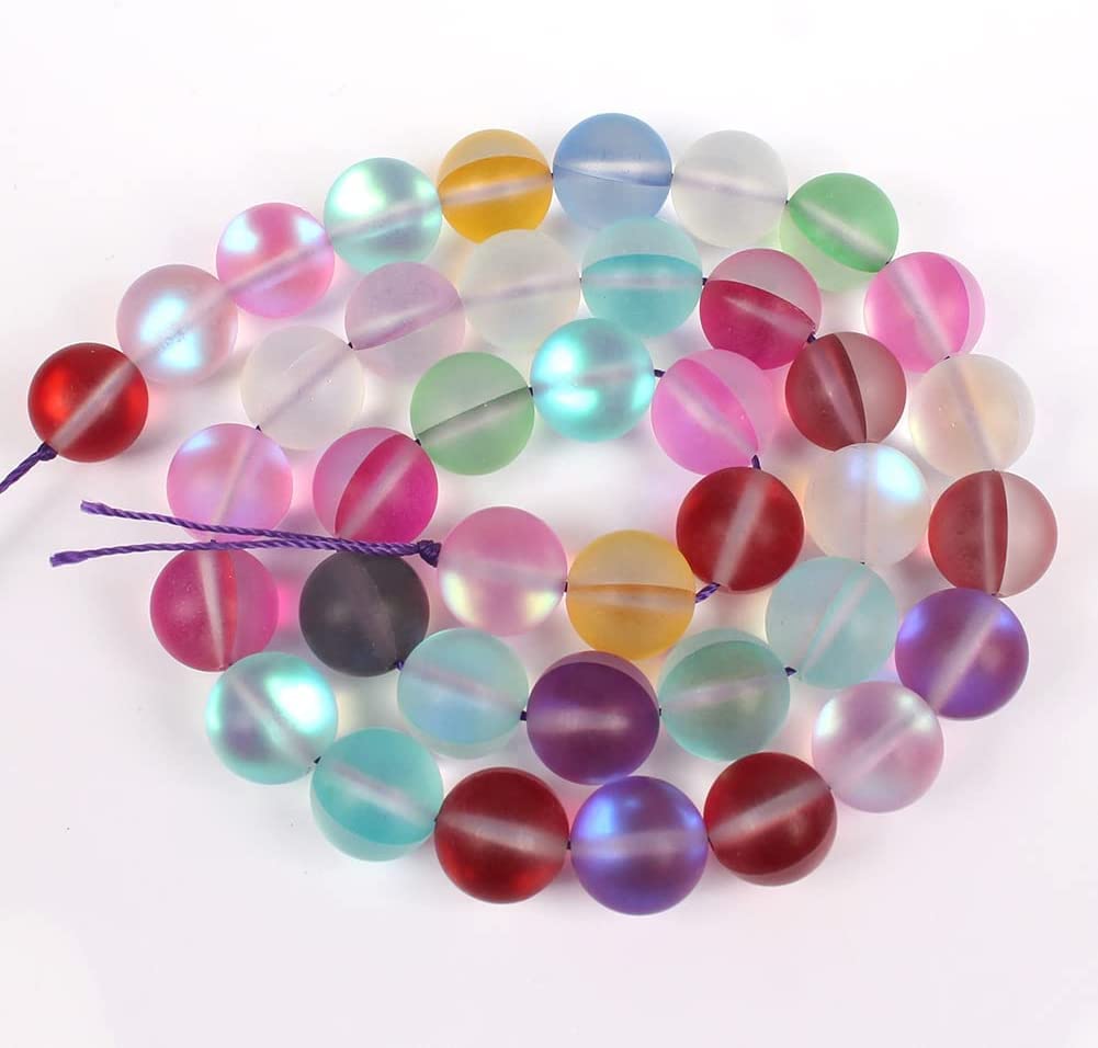Asingeloo 48PCS 8mm Natural Coloful Mystic Aura Quartz Gemstone Frosted Matte Titanium Rainbow Round Loose Beads 15 inch Full Strand Crystal Healing Power Quartz