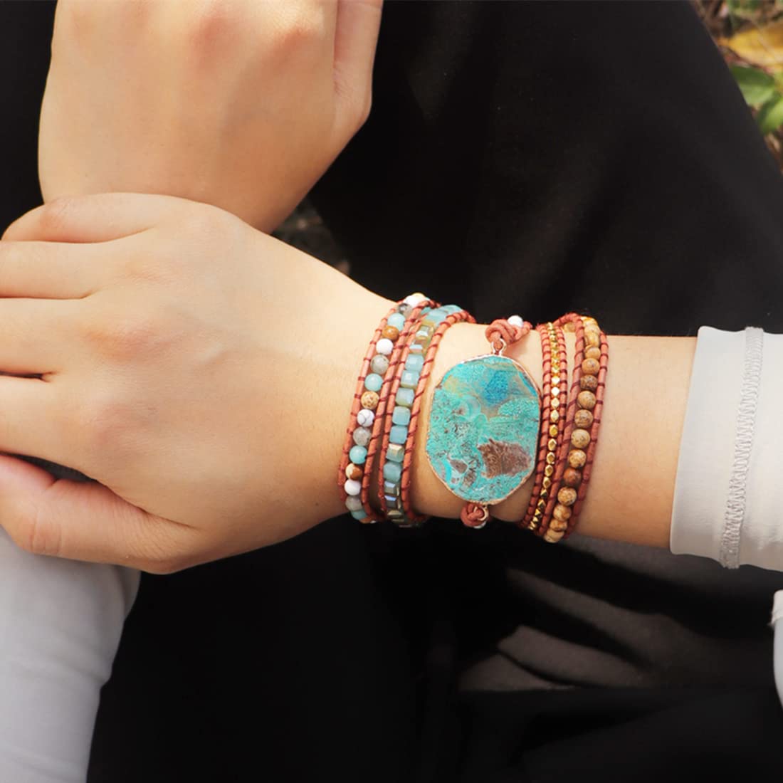 YGLINE Boho Handmade Wrap Leather Tube Crystal Stone Bracelet for Women