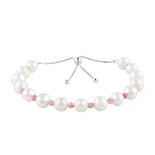 CRYSTALIS Natural Pink-Tourmaline And Freshwater Pearl Beaded Bracelet, Elegant Beads Crystal, Chakra Bracelet, Healing Bracelet, Gemstone Jewelry, 925 Sterling Silver Slider 10 inch