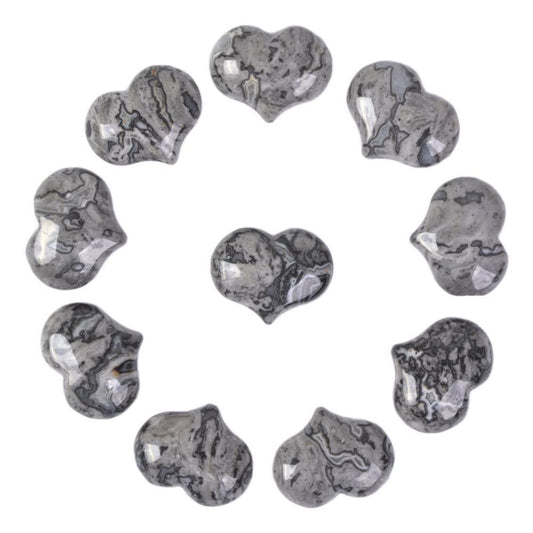 Natural Black Lace Jasper Gemstone Healing Crystal 1 inch Mini Puffy Heart Pocket Stone Iron Gift Box (Pack of 10)