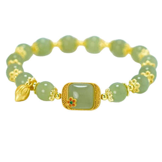 Bestleey Synthetic Agate Lucky Bracelet for Women & Men Vintage Sugar Cube Lotus Pod Bracelet Exquisite Floral Faux Jade Beaded Bracelet Birthday Valentine's Day Party Jewelry Accessories (Green2)