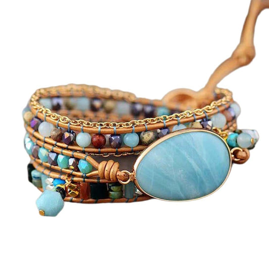 ZOSOJONA Women Wrap Bracelet Boho Natural Jasper Crystal Stone Beads Strand Bracelets (Amazonite)