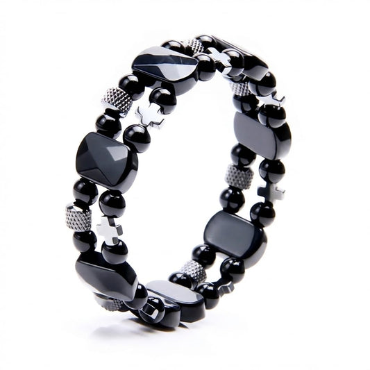 Christian Gifts for Men, Jesus Cross Bracelet for Men Handmade Double Elastic Beaded Bracelets Natural Crystal Gemstone Religious Jewelry for Boyfriend Husband Birthday Anniversary (Black Obsidian)