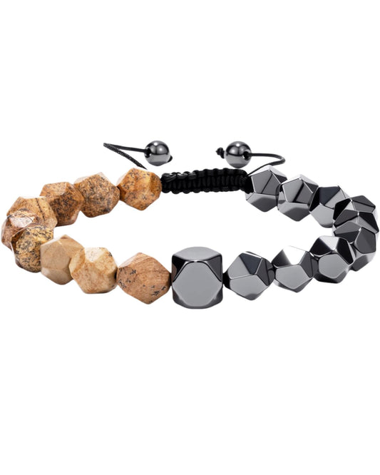 Beaded Bracelet for Men, 10mm Natural Stones Bracelet for Men's Gift, Adjustable Precision-Cut Gemstone Crystal Healing Bracelet, Protection Jewelry Gift with Hematite, Tiger Eye (Picture Stone & Hematite)