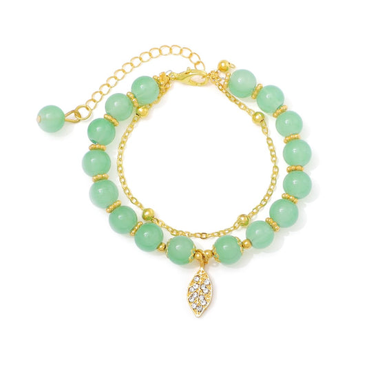 Jade Bracelet for Women Gold Leaf Peanut Apricot Leaves Bracelet Dainty Beaded Jade Bracelet Adjustable Double Layer Bracelet Lucky Green Jade Jewelry (Leaf)