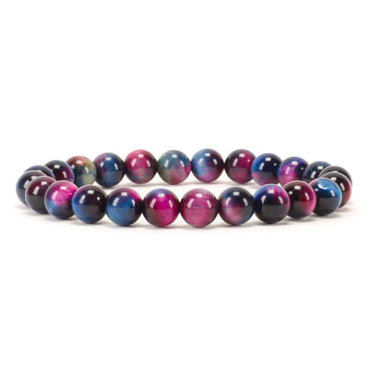 Cherry Tree Collection Pink and Blue Tiger's Eye Beaded Bracelet – Genuine 8mm Gemstone Stretch Bracelet for Men & Women – Handmade Crystal Bracelet - (Pink and Blue Tiger's Eye - M)
