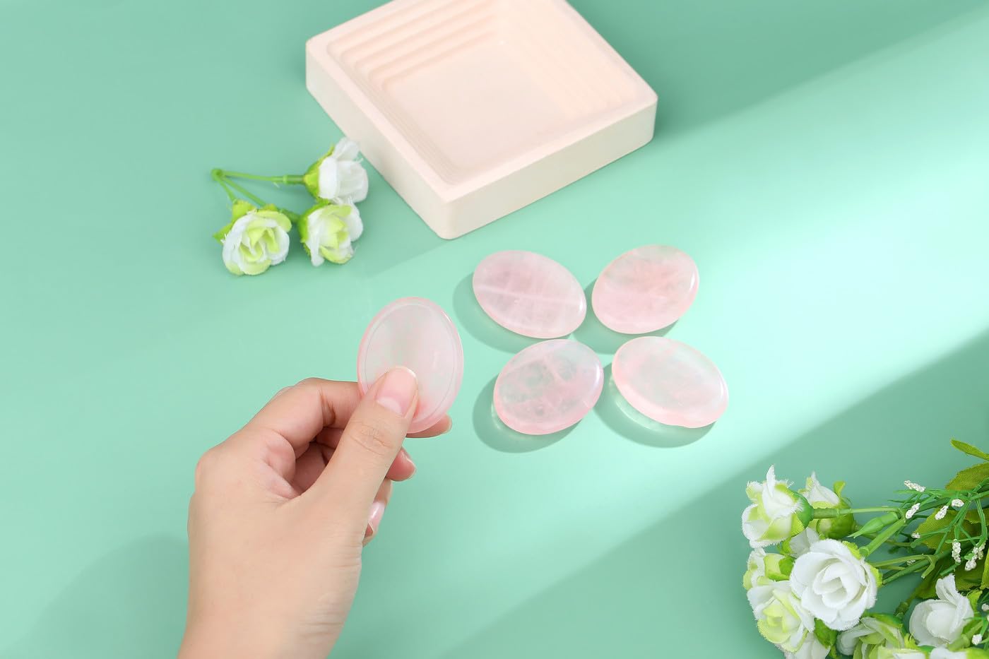 NUKAYAI Thumb Worry Stone Rose Quartz Crystals Pink Healing Stones Palm Natural Mental Health Stress Relief Depression Gemstones Reiki Trinket Anxiety Relief Items Mother's Day Gifts for Women