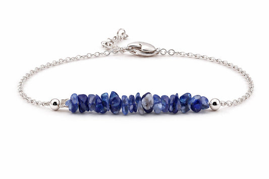 Gempires Natural Gemstone Chip Bar Bracelet for Women, Crystal Healing Bracelet, Multiple Gemstone Options, Adjustable Yellow Gold Plated Chain (7” + 1” Extender), Dainty Stackable Jewelry Gift for Her (Sodalite)