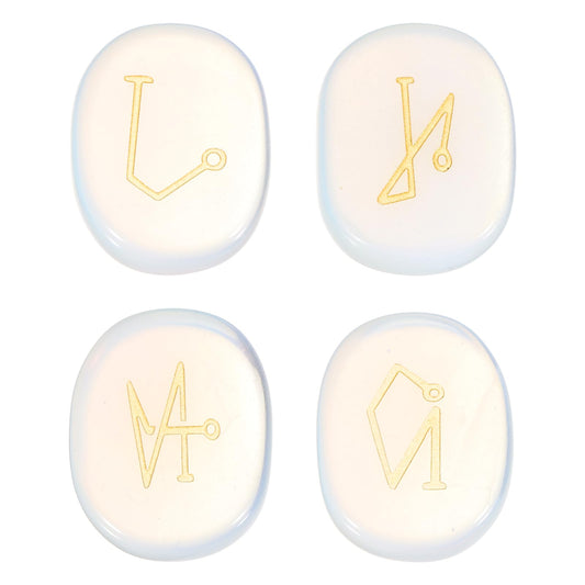 MECCANIXITY 4Pcs Engraved Chakra Stones with Reiki Symbols, Opalite Reiki Healing Crystal Gemstone 7 Chakra Crystal Stones Tumbled Palm Stone for Anxiety Relieve
