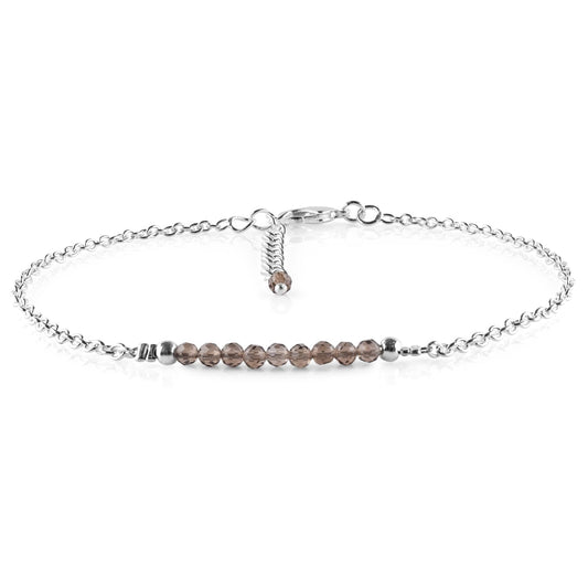 YANARA Smoky Quartz Ankle Bracelets for Women, 3mm Beads Beaded Beach Charm Jewelry, Dainty Anklets For Women 9"+1.25" inch Link Silver Plated Adjustable Chain