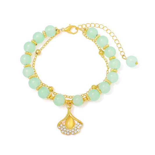 Jade Bracelet for Women Gold Leaf Peanut Apricot Leaves Bracelet Dainty Beaded Jade Bracelet Adjustable Double Layer Bracelet Lucky Green Jade Jewelry (Apricot Leaves)