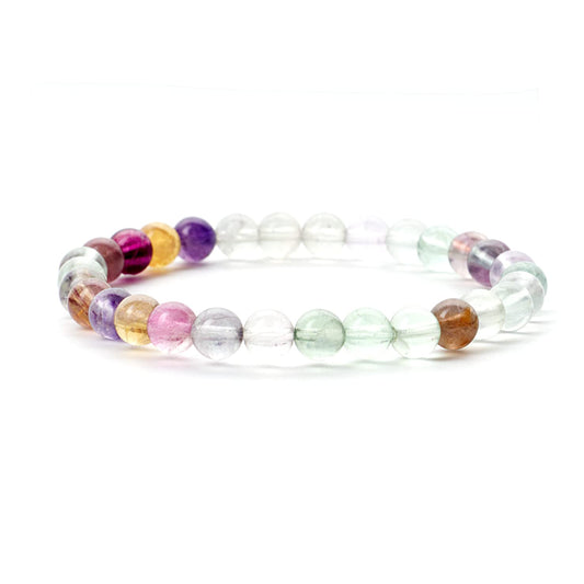 Cherry Tree Collection - Small, Medium, Large Sizes - Gemstone Beaded Bracelets For Women and Men - 6mm Round Beads (Rainbow Fluorite - Medium)