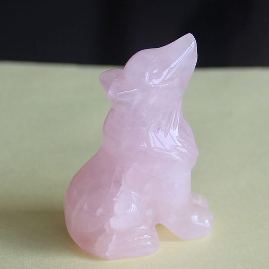 HLbshi Hand Carved Gemstone Crystal Wolf Figurine Animal Statue Carving Office Home Decor Collections 2'' (Pink Rose Quartz)