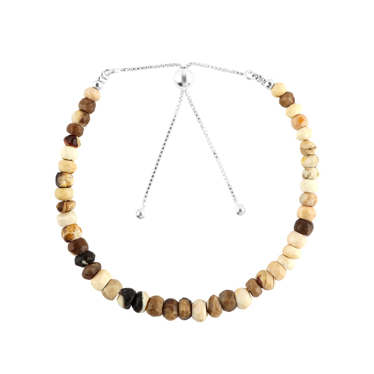 CRYSTALINES Natural Petrified Wood Jasper Gemstone Bolo Bracelet, Faceted Beads Stones, Hypoallergenic Handmade Boho Jewelry for Women, Healing Crystals, Adjustable Silver Chain 6+4inch, Jewelry Gift