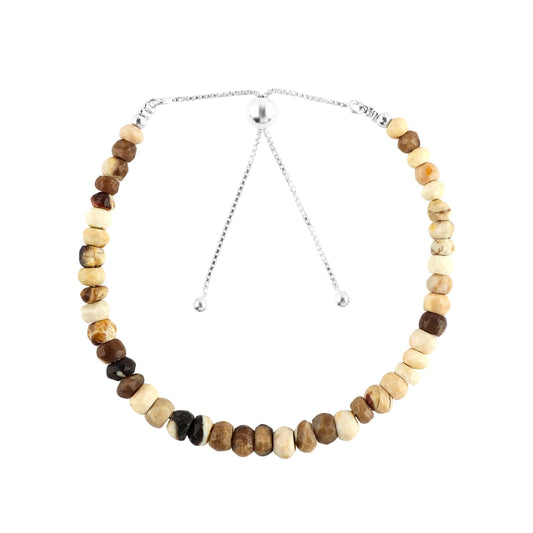CRYSTALINES Natural Petrified Wood Jasper Gemstone Bolo Bracelet, Faceted Beads Stones, Hypoallergenic Handmade Boho Jewelry for Women, Healing Crystals, Adjustable Silver Chain 6+4inch, Jewelry Gift