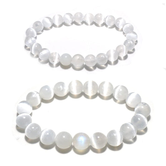 OwizJade Selenite Bracelets for Women and Men:8MM & 10MM | Negative Energy Shield | Natural Cats Eye | Crystal Jewelry to Cleanse and Charge Energy & Power | Must Have for Meditation