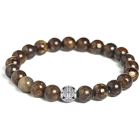 MetJakt Healing Crystals Beaded Bracelets for Womens Natural Gemstone 8mm Beads Stretch Bracelets with 925 Sterling Silver Double Happiness Pendant (Bronzite)