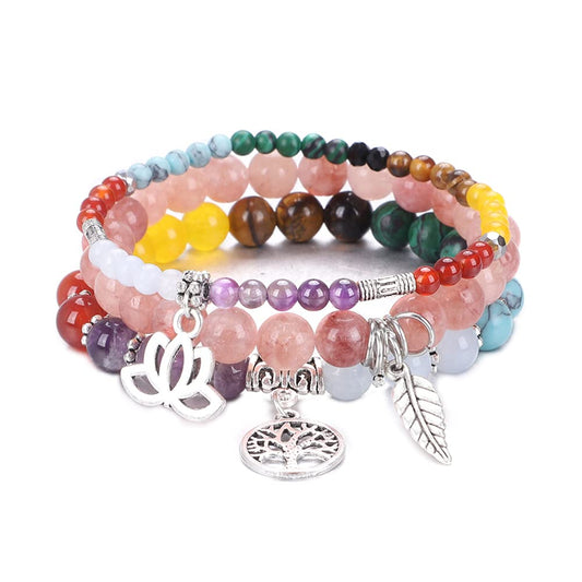 UEUC Natural Gemstone Chakra Bracelets for Women, Multilayer Tree of Life Lotus Crystal Healing Stone Bracelet Sets, Yoga Meditation Reiki Relax Bracelets for Stress Relief(#123)