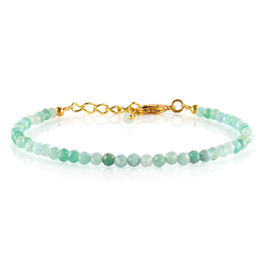 Natural Green Emerald Gemstone Micro Beads Dainty Bracelet Jewelry for Women, May Birthstone, Chakra Energy Crystals, 14k Gold Plated Chain 8 inch Adjustable