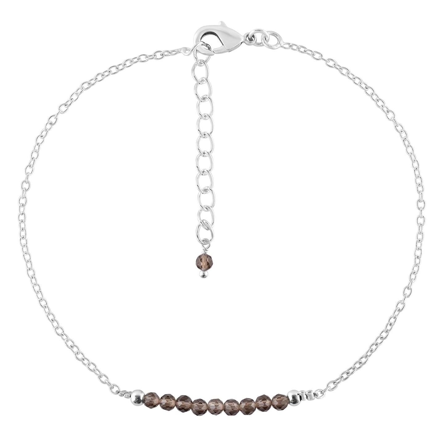 YANARA Smoky Quartz Ankle Bracelets for Women, 3mm Beads Beaded Beach Charm Jewelry, Dainty Anklets For Women 9"+1.25" inch Link Silver Plated Adjustable Chain