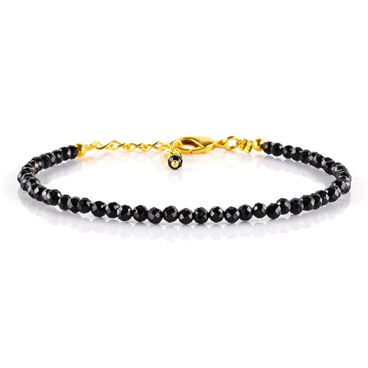 Natural Black Spinel Gemstone Micro Beads Dainty Bracelet Jewelry for Women, Birthstone, Chakra Energy Crystals, 14k Gold Plated Chain 8 inch Adjustable