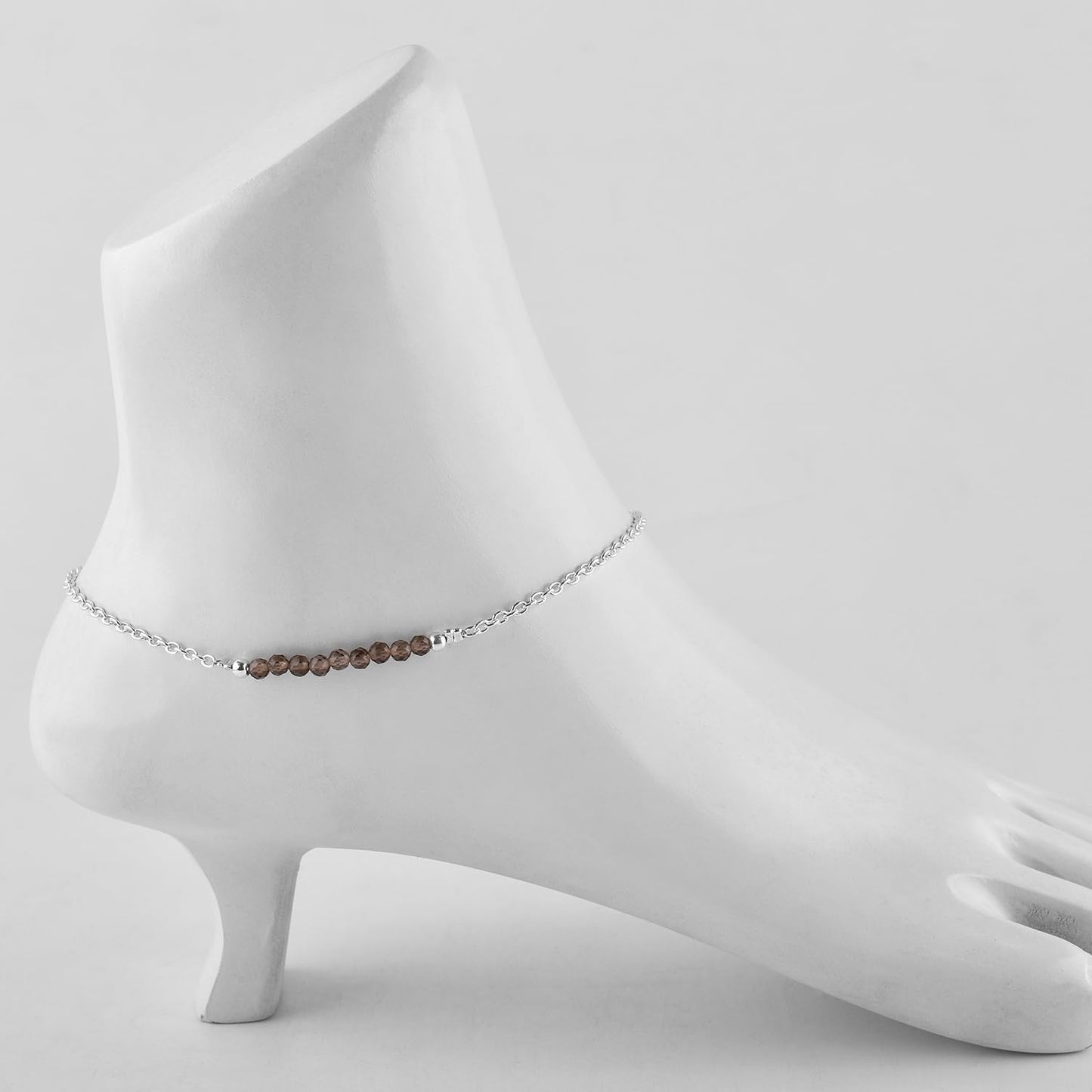 YANARA Smoky Quartz Ankle Bracelets for Women, 3mm Beads Beaded Beach Charm Jewelry, Dainty Anklets For Women 9"+1.25" inch Link Silver Plated Adjustable Chain