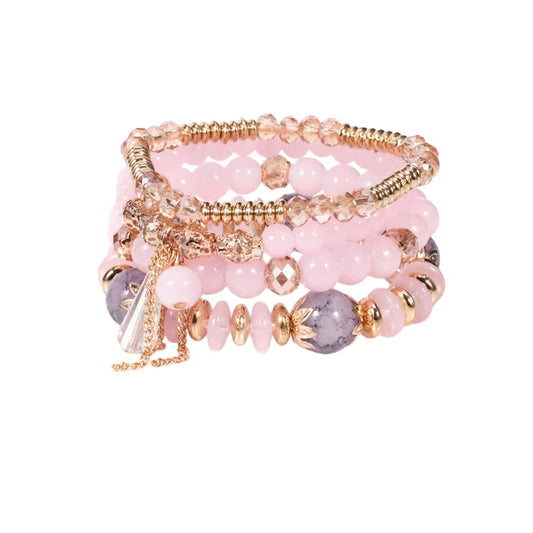 LOTSOF Bohemian Green Jade Stackable Bracelet Set - 4-Layer Stretch Beaded Bracelets with Gold Accents, Boho Jewelry for Women, Fashion Statement Accessory (Gift Ready) (Pink)