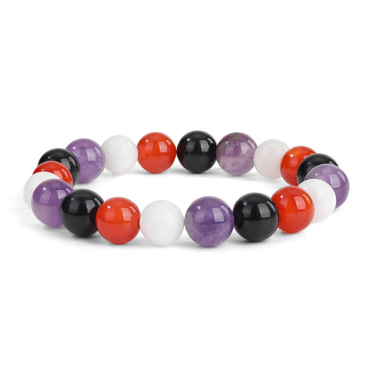 Crystal Vibe Protection & Energy Crystal Bracelet - 10mm Beaded Bracelets for Men Women With Stones of Amethyst, Black obsidian, Carnelian, Moonstone - Elastic Adjustable Size