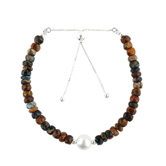 CRYSTALINES Natural Pietersite Gemstones Beads Bolo Bracelets with Pearl, Handmade, Birthstone, Beaded Bracelet, Real Crystals Jewelry, Women Bracelet, Silver Plated Adjustable Chain 6+4inch, A Grade