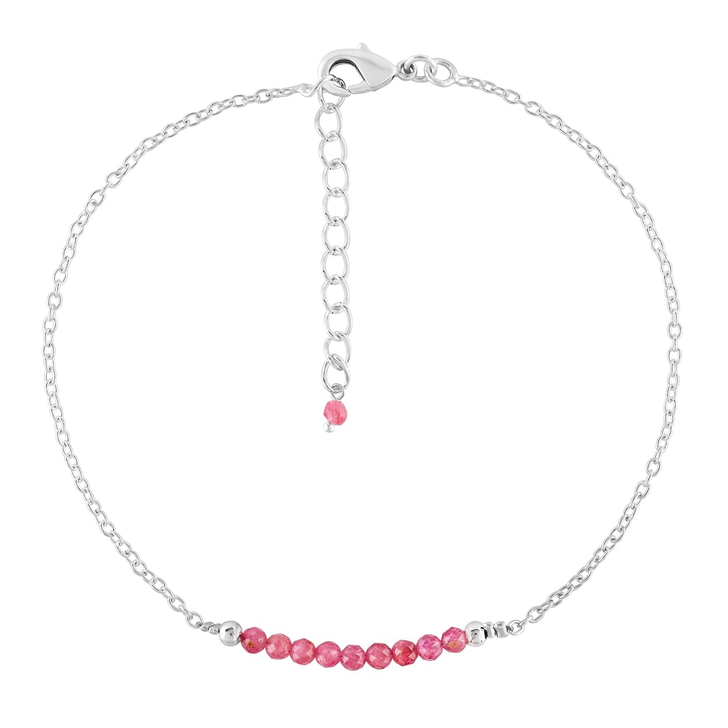 YANARA Pink Tourmaline Ankle Bracelet for Women Jewelry, Natural Birthstone, Gemstone Beads, Handmade Dainty Anklet 9"+1.25" inch, 3mm Rounds, Chakra Energy Crystals, Silver Plated Chain