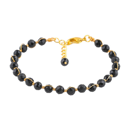 CRYSTALIS Wholesale Bulk Natural Black Tourmaline Gemstone Beads Strand Bracelet, Wire Wrapping Elegant Beaded Crystal, Chakra Healing Bracelet, Stones Jewelry, Gold Plating 8 inch