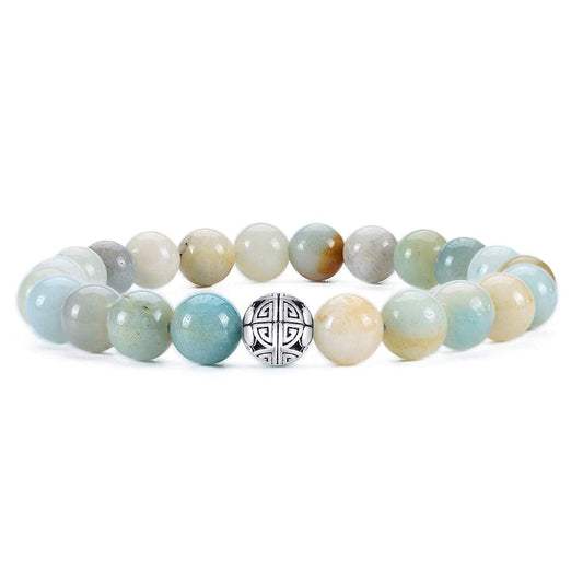 MetJakt Healing Crystals Beaded Bracelets for Womens Natural Gemstone 8mm Beads Stretch Bracelets with 925 Sterling Silver Double Happiness Pendant (Amazonite)