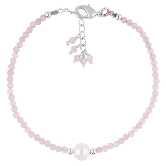 CRYSTALINES Natural Rose Quartz Gemstone Bracelet, Cultured Pearl Beads Stones, Handmade Hypoallergenic Bohemian Jewelry for Women, Healing Crystals, Adjustable Silver Plated 7+1inch Birthday Gift