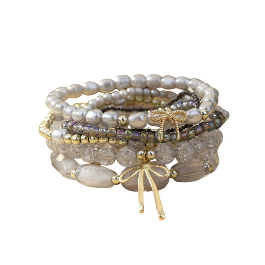 ChungLong0593 Cute Bow Charm Stackable Beaded Bracelet Set - Layer Pearl & Crystal Stretch Bracelets for Women, Sweet Multi-strand Boho Bracelet Jewelry (Gray)