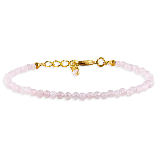 Natural Pink Rose Quartz Gemstone Micro Beads Dainty Bracelet Jewelry for Women, Birthstone, Chakra Energy Crystals, 14k Gold Plated Chain 8 inch Adjustable