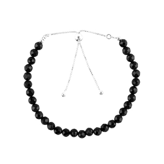 CRYSTALINES Natural Black Tourmaline Gemstone Bolo Bracelets, Handmade Jewelry, Healing Crystals Beads, October Birthstone, Silver Plated Chain, Birthday Gift for Women, Size - 10inch