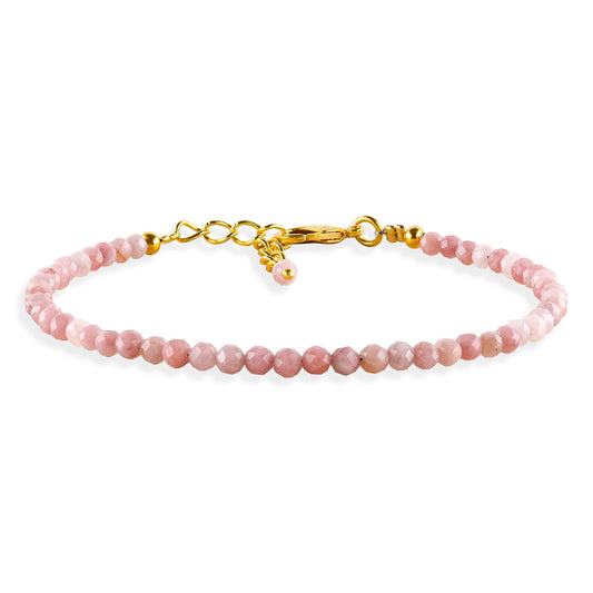 Natural Pink Opal Gemstone Micro Beads Dainty Bracelet Jewelry for Women, October Birthstone, Chakra Energy Crystals, 14k Gold Plated Chain 8 inch Adjustable