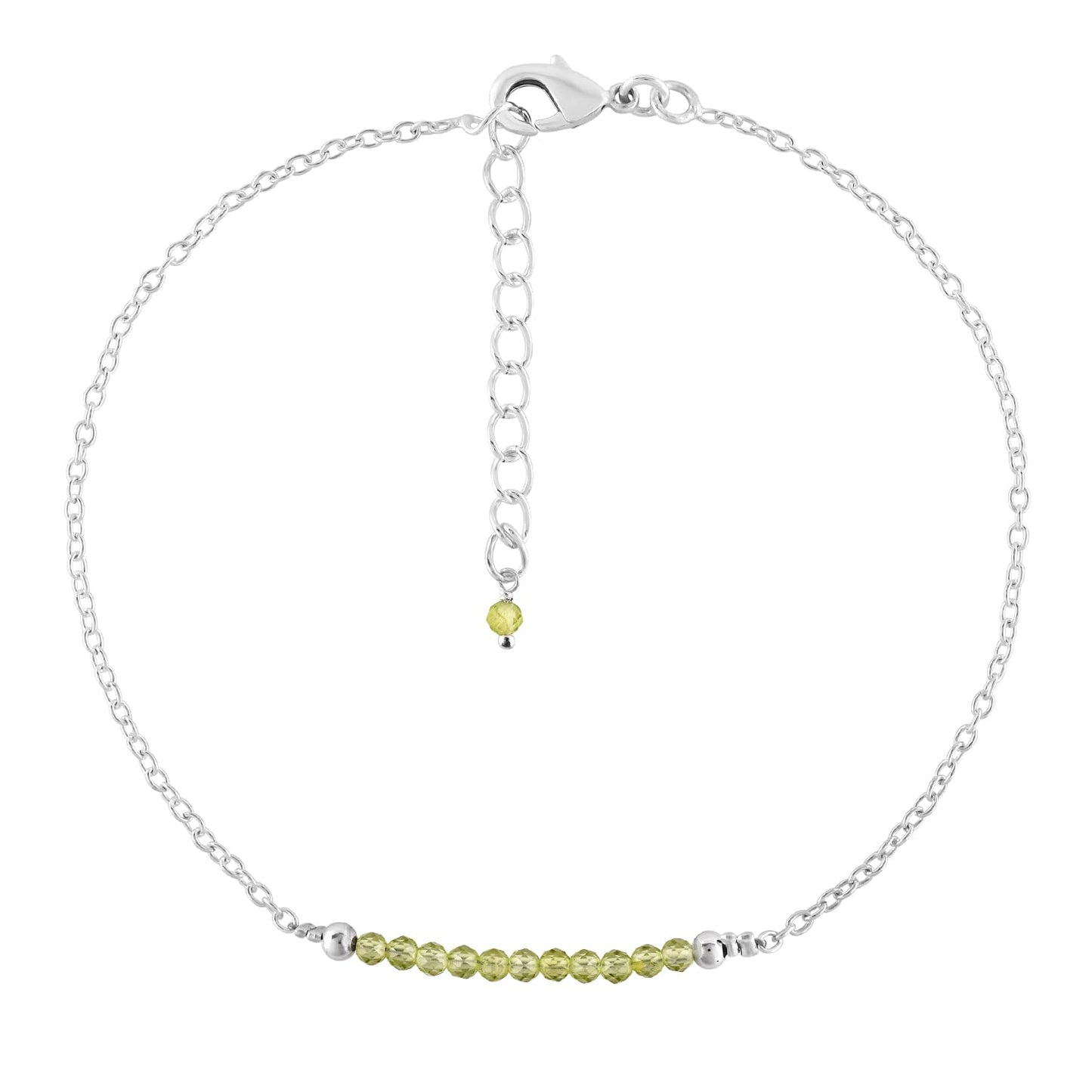 YANARA Peridot Ankle Bracelets for Women, August Birthstone, Green Gemstone Beads, Handmade Dainty Waterproof Anklets 9"+1.25" inch, Chakra Healing Crystals, Silver Plated Chain, Minimalist Jewelry For Her