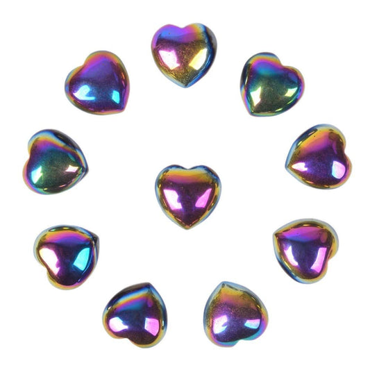 Coated Rainbow Hematite Gemstone Healing Crystal 0.8 inch Mini Puffy Heart Pocket Stone Iron Gift Box (Pack of 10)